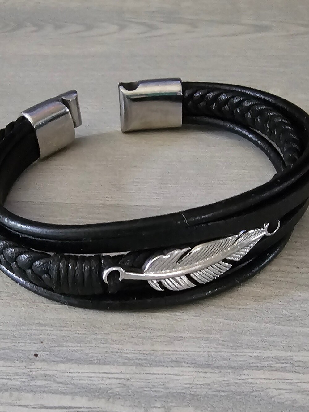 Men’s Black Leather Multi‑Strand Bracelet with Silver Feather Pendant - Picture 2 of 6